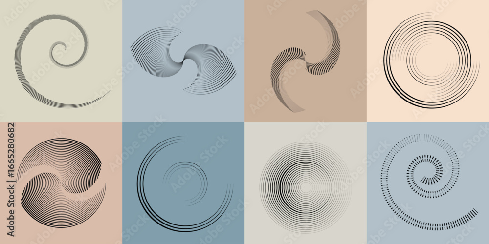 Poster lines and spirals in circle form .rotate rounded shape vector .rotating dots form a circle .rotating