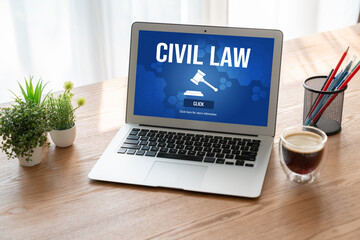 Civil law brisk information showing on computer screen for Common Justice Legal Regulation Rights...