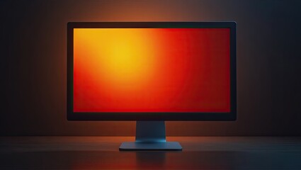 Computer monitor with an orange-red screen in a dark room.