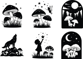 Whimsical silhouette set of enchanted forest scenes with mushrooms wolf and stargazing child