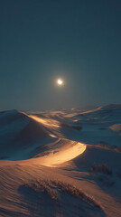 Moonlight illuminating desert dunes at night creates a surreal atmosphere in a remote landscape