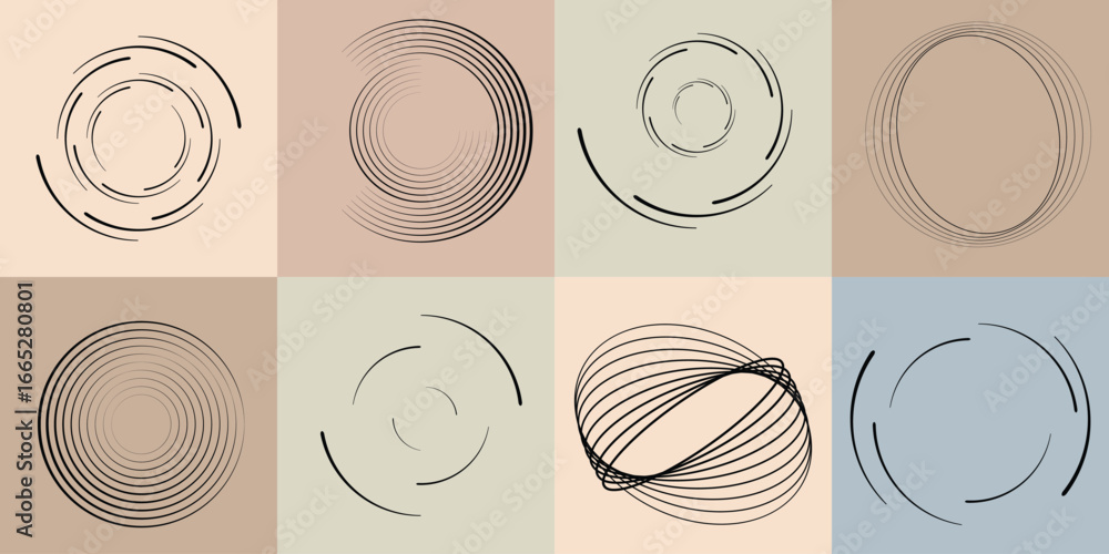 Poster lines and spirals in circle form .rotate rounded shape vector .rotating dots form a circle .rotating