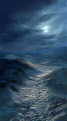 Dark and moody landscape under a luminous moonlight with swirling clouds