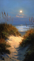 Moonlit path through tall grass leading to calm ocean waves at twilight