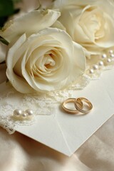 Two ivory roses, pearls, lace, and rings on card