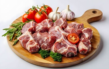 Fototapeta premium Raw Lamb Chops on Wooden Board with Herbs and Tomatoes