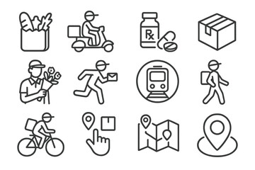 Local Delivery Icons. Line style icons of local delivery services: grocery bag icon, food courier icon, pharmacy delivery, small