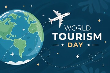Naklejka premium World tourism day illustration featuring a globe and an airplane