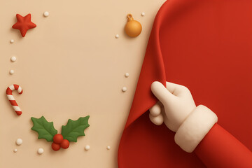Santa hand reveals festive Christmas banner with holiday decoration and copy space