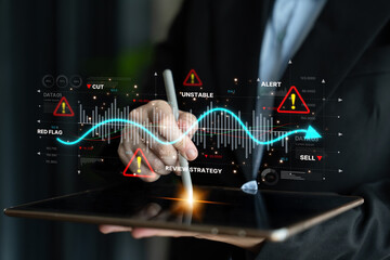Economic caution visual showing risk alerts and financial volatility. Warning signs highlight...