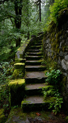 Serene stone staircase winding through lush green forest in the early morning