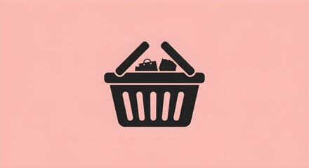 Black shopping basket icon filled with groceries, set against a soft pink background, representing grocery shopping, consumer retail, daily essentials, food purchases, market shopping, and the joy of 