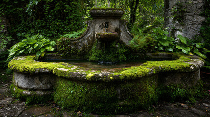 Moss-covered garden fountain nestled among lush greenery in a tranquil setting