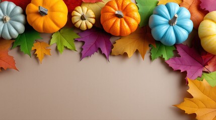 Colorful pumpkins and autumn leaves on beige background