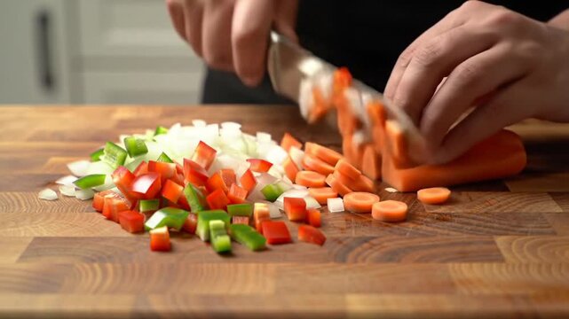 Dynamic CloseUp Shot of a Cook Chopping a Medley of Fresh Vegetables in the Kitchen.