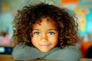 Smiling African American girl with curly hair leaning on arms in colorful classroom environment