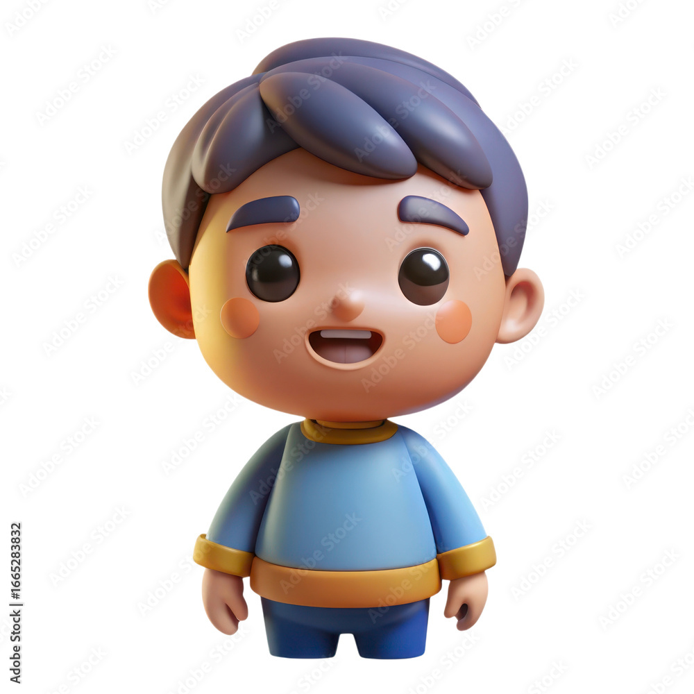 Poster adorable 3d character boy with exaggerated features and friendly smile