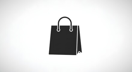 Simple black shopping bag icon with handles on a light gradient background, representing retail shopping, consumer purchases, fashion, gift bags, shopping experiences, and the convenience of carrying 
