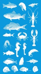 Various marine life illustrations on blue background - fish, shellfish, crustaceans, seahorse