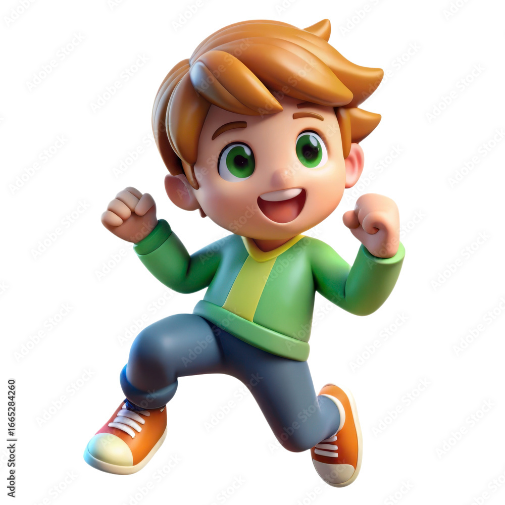 Poster joyful 3d cartoon boy character with exaggerated features in a dynamic pose