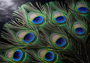 Obraz premium Close up of iridescent peacock feathers with intricate eye patterns in vibrant colors