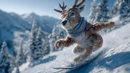 Deer in scarf snowboarding down snowy mountain, bizarre winter wildlife adventure photos