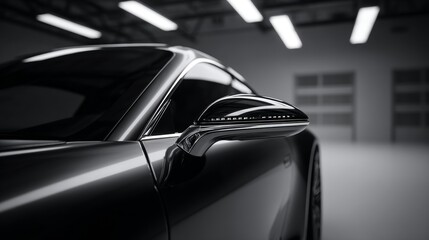 Close-up detail of sleek black luxury car showing side mirror and door in modern showroom. Premium automotive design with elegant chrome accents and LED lights.