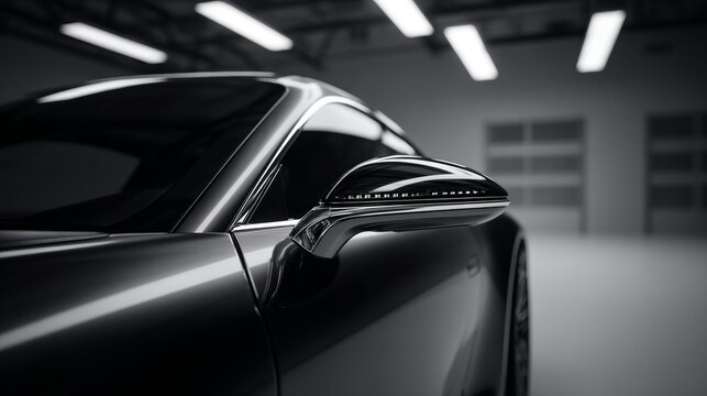 Close-up detail of sleek black luxury car showing side mirror and door in modern showroom. Premium automotive design with elegant chrome accents and LED lights.