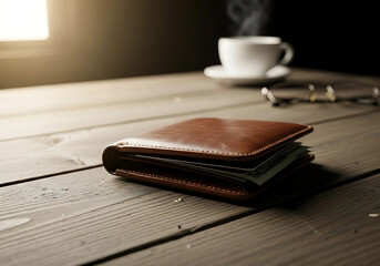 Naklejka premium Brown wallet coffee and glasses on a wooden surface top