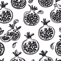 Fototapeta premium Pomegranate Fruit Doodle Pattern, bold thick solid black hand-drawn pomegranate shapes with organic curves, minimal high-visibility line art, plain white background, repeatable vector for skincare and