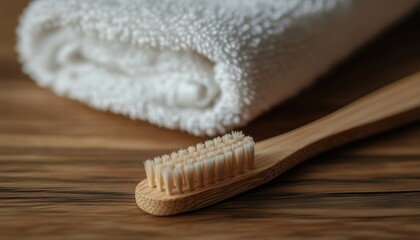 Close-Up Of Wooden Toothbrush And Towel: A Detailed Look At A Wooden Toothbrush And A Towel To Showcase Their Texture And Design.