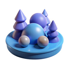 Whimsical 3d winter scene with stylized trees and glowing spheres