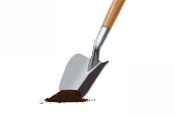Metal shovel scooping coffee grounds, isolated on white transparent background