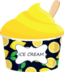 Lemon ice cream with the spoon in container. Hand drawn icon isolated on white