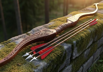 An ornate wooden bow and arrows rest on a mossy stone wall outdoors