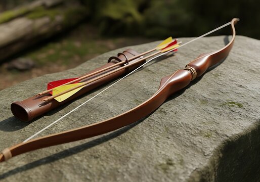 A classic bow and quiver of arrows rest on a stone surface outdoors