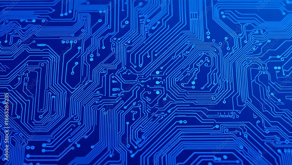 Poster detailed view of a blue computer circuit board with intricate pathways and connections