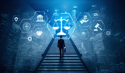 Futuristic digital law interface displaying justice scale, highlighting digital law, AI compliance,...