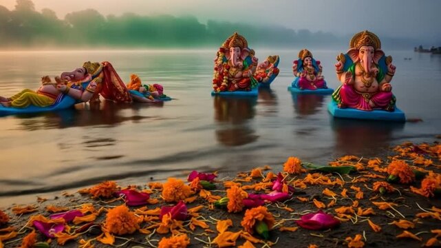 Sacred Ganesh Visarjan Ceremony with Idols Floating Amidst Flower Offerings on a Misty Morning River for ganesha visarjan ganesh chaturthi ganapati ganpati bappa morya