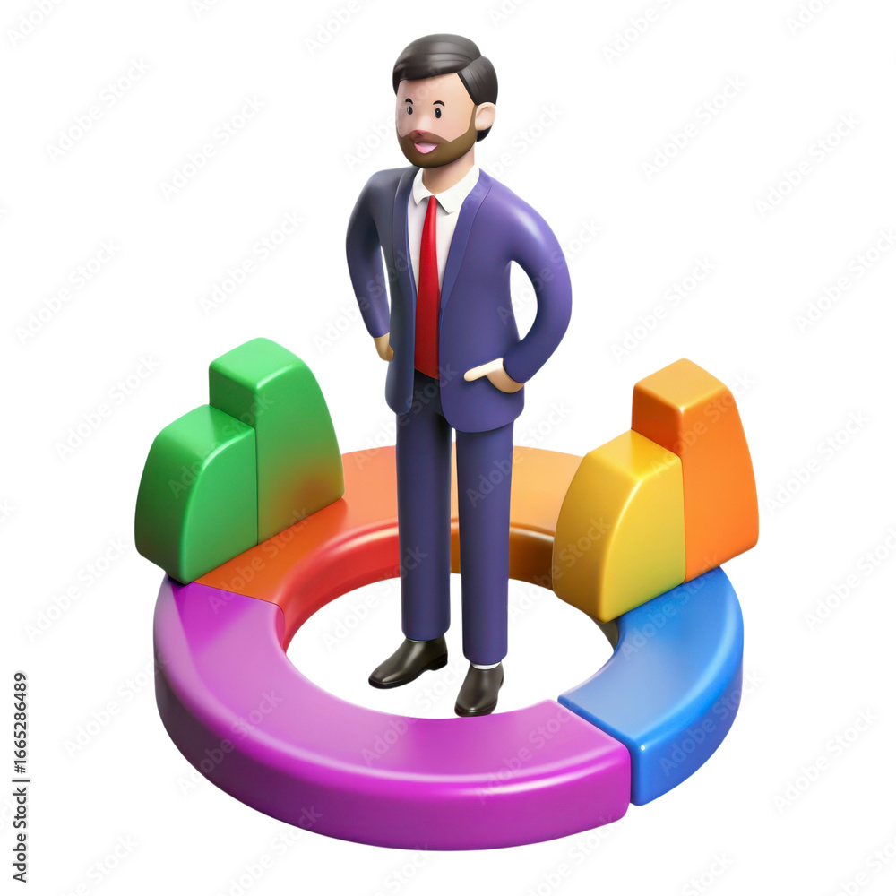 Aufkleber chubby businessman standing on colorful pie chart with exaggerated features in 3d render