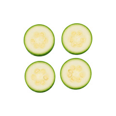 Fresh sliced cucumber rounds isolated on white background for healthy eating and skincare concepts