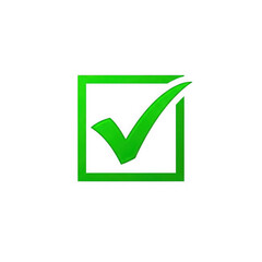 Bright green checkmark inside a square box signaling completion success and agreement transparent background
