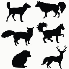 Black Animal Silhouette Set of Wolf, Bear, Fox, and Deer