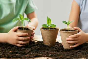 Group of children planting seedlings in eco-friendly pots filled with soil. Concept of gardening, environment protection, and sustainability education.
