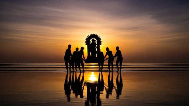 Spiritual Sunset Ritual - Silhouetted Group Holds Hands Around a Deity Statue on a Reflective Beach for ganesha visarjan ganesh chaturthi ganapati ganpati bappa morya