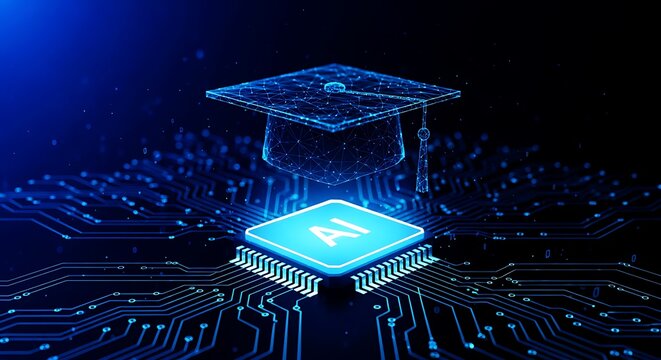 A digital, low-poly graduation cap rests above a glowing microchip labeled "AI," connected by circuit board pathways on a dark blue background