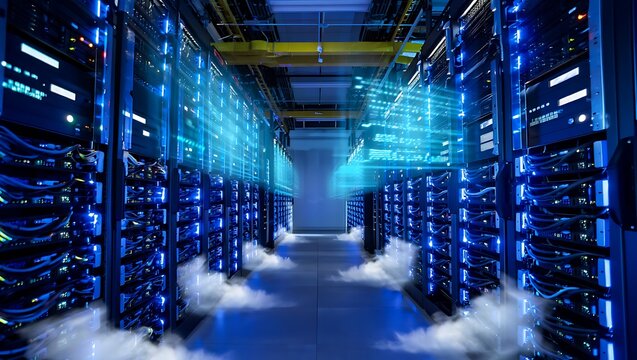 Immersive Futuristic Data Center Hallway with Digital Information Flow and Glowing Servers