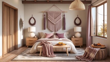 Autumn Boho Loft Interior With Ivory Bedding And Knitted Throw Blanket