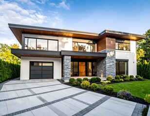 A modern two-story house with a combination of white, wood, and dark gray exterior, featuring a paved driveway and landscaping.