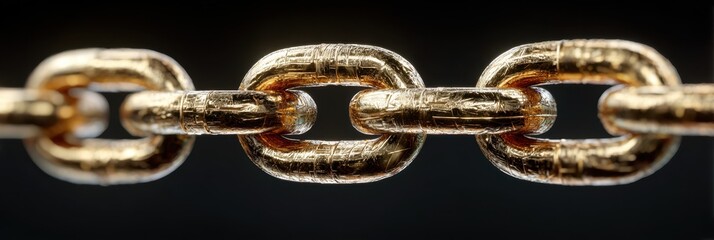 Detailed close-up of a shiny gold chain showcasing intricate links against a dark background